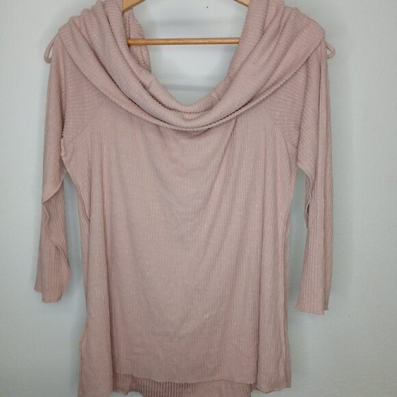 UEC Maurice's Cowl Neck Cinch Shoulder Sweater Blush Pink Ribbed Coquette sz 1X - Picture 1 of 13